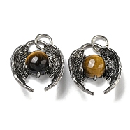 Bat Natural Tiger Eye Pendants, Rack Plating Brass Halloween Charms, Cadmium Free & Lead Free, Antique Silver, 27x22x9.5mm, Hole: 6mm(G-F766-03AS-06)