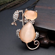 Alloy Brooch, with Cat Eye and Rhinestone, Cat Shape, Light Salmon, 48x33mm(PW-WG63571-01)