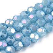Opaque Frosted Glass Beads Strands, AB Color Plated, Faceted, Round, Sky Blue, 6.5x6mm, Hole: 1.5mm, about 70pcs/strand, 16.38 inch(41.6cm)(EGLA-N006-076B)