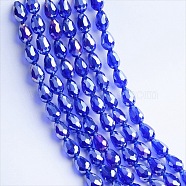 Electroplate Transparent Glass Beads Strands, AB Color Plated, Faceted, Teardrop, Blue, 6x4mm(EGLA-SZC0001-02)