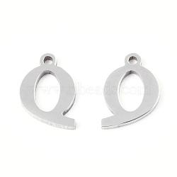 201 Stainless Steel Charms, Alphabet, Letter.Q, 9x7x1mm, Hole: 1mm(STAS-N091-176Q-P)