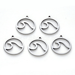 304 Stainless Steel Pendants, Laser Cut, Round Ring with Wave, Stainless Steel Color, 17x15x1mm, Hole: 1mm(X-STAS-N092-95)