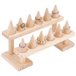 2-Tier 12-Slot Wood Finger Ring Display Risers, Ring Organizet Stand with 12Pcs Wooden Display Cone Holders, Tan, 9x21.5x12cm(RDIS-WH0011-19)