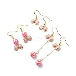 3 Pairs 3 Style Pink Alloy Enamel Charms & Resin Beads Dangle Earrings, Valentine Theme Brass Jewelry for Women, Golden, Bowknot Pattern, 26~65mm, Pin: 0.5mm(EJEW-JE05030-04)