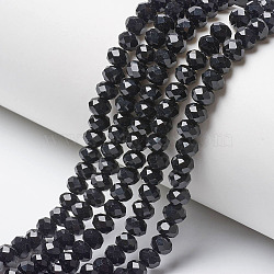 Opaque Solid Color Imitation Jade Glass Beads Strands, Faceted, Rondelle, Black, 2.9~3.3x2mm, Hole: 0.8mm,  about 135~140pcs/strand, 32~34cm(EGLA-A044-P2mm-D18)