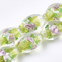 Handmade Silver Foil Glass Lampwork Beads, Oval with Flower, Green Yellow, 16~17x9~11mm, Hole: 1.5~2mm(X-LAMP-Q030-02M)
