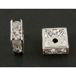 Rhinestone Spacer Beads, Square, Nickel Free, White, Silver Color Plated,Size: about 5mmx5mmx2.5mm, hole: 1mm(X-RSB071NF-01S)