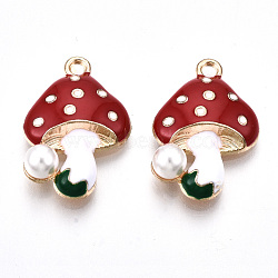 Autumn Theme Eco-Friendly Alloy Enamel Pendants, with ABS Plastic Imitation Pearl, Cadmium Free & Lead Free & Nickel Free, Mushroom, Light Gold, Red, 23x15.5x6mm, Hole: 1.8mm(ENAM-Q437-045-NR)