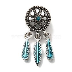 Rack Plating Alloy Enamel European Dangle Charms, Woven Net/Web with Feather Large Hole Pendants with Rhinestone, Lead Free & Cadmium Free, Antique Silver, Deep Sky Blue, 29mm, Hole: 5mm(FIND-H005-37AS)