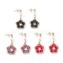 3Pairs 3 Colors Pentagon and Shell Pearl Dangle Stud Earrings, Wire Wrapped Long Drop Earrings for Women, Mixed Color, 41mm, Pin: 0.8mm, 1pair/color(EJEW-TA00056)