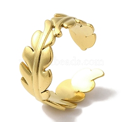 PVD Vacuum Plating 201 Stainless Steel Feather Open Cuff Rings for Women, Real 18K Gold Plated, 8.5mm, Adjustable(RJEW-C092-34G)