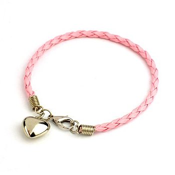 PU Leather Braided Charm Bracelets, with CCB Plastic Pendants and Alloy Lobster Claw Clasps, Pink, 180mm