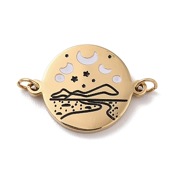 304 Stainless Steel Enamel Moon Phase Connector Charms, Flat Round Links with Jump Rings, Golden, Black, 15.5x21x2mm, Hole: 2.5mm