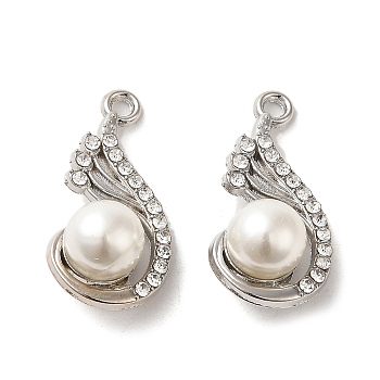 Alloy with Rhinestone Pendants, with ABS Imitation Pearl, Teardrop Charms, Platinum, 24.5x12x9mm, Hole: 1.6mm