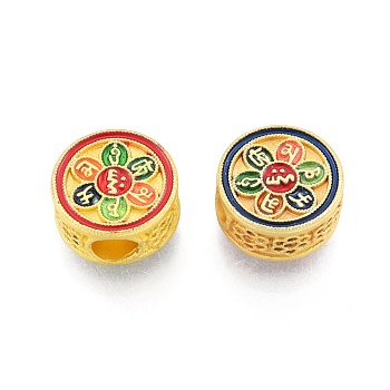 Alloy Enamel Beads, Matte Gold Color, Flat Round with Flower & Chinese Zodiac, Colorful, 11x6mm, Hole: 4mm
