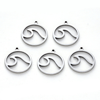 304 Stainless Steel Pendants, Laser Cut, Round Ring with Wave, Stainless Steel Color, 17x15x1mm, Hole: 1mm
