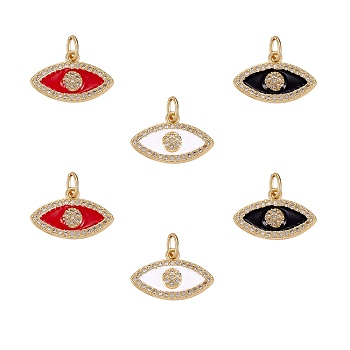 6Pcs 3 Colors Brass Micro Pave Clear Cubic Zirconia Pendants, with Enamel and Jump Rings, Real 18K Gold Plated, Eye, Mixed Color, 10x16x3mm, Hole: 3mm, 2pcs/color