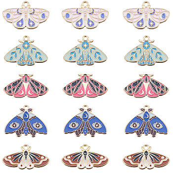 20Pcs 5 Style Alloy Enamel Pendants, Moth Charm, Mixed Color, 15~21.5x28x1.5mm, Hole: 1.8~2mm, 4pcs/style