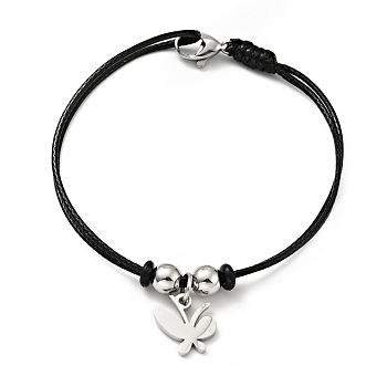304 Stainless Steel Butterfly Charm Bracelet with Waxed Cord for Women, Stainless Steel Color, 7 inch(17.8cm)