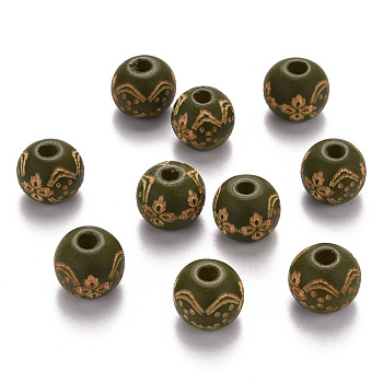 Painted Natural Wood Beads, Laser Engraved Pattern, Round with Flower Pattern, Olive, 10x9mm, Hole: 3mm