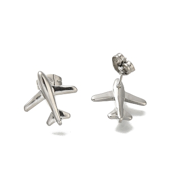 304 Stainless Steel Airplane Stud Earrings for Women, Stainless Steel Color, 15x14.5mm