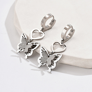 304 Stainless Steel Dangle Hoop Earrings, Heart with Butterfly, Stainless Steel Color, 40x20mm