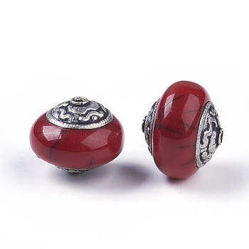 Tibetan Style Beads, with Brass, Synthetic Turquoise, Flat Round, Antique Silver, Dark Red, 15.5x18.5x18.5mm, Hole: 1.5mm