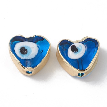 Brass Beads, with Enamel, Real 18K Gold Plated, Heart with Evil Eye, Dodger Blue, 14.5x16x7mm, Hole: 1.6mm
