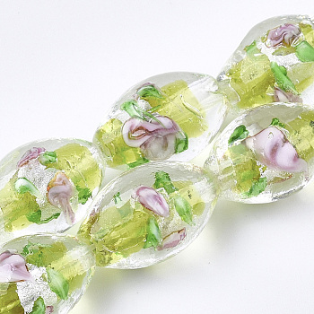 Handmade Silver Foil Glass Lampwork Beads, Oval with Flower, Green Yellow, 16~17x9~11mm, Hole: 1.5~2mm
