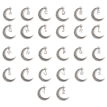 26Pcs Alloy Letter Pendants, Moon, Letter A~Z, 41x34x1.5mm, Hole: 2mm, 26 styles /set