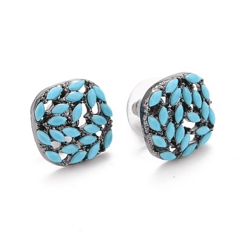 Bohemian Synthetic Turquoise Square Stud Earrings, Alloy Jewelry for Women, Gunmetal, Turquoise, 13x13x3.5mm, Pin: 0.7mm