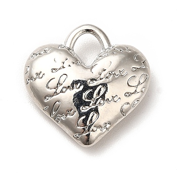 Rack Plating Alloy Pendants, Cadmium Free & Lead Free, Heart with Word Love, Platinum, 16x16x5mm, Hole: 4x3mm