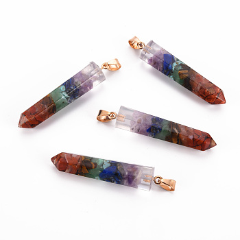 2Pcs Natural & Synthetic Mixed Gemstone Pendants, with Golden Brass Bails, Bullet, 50~52.5x10x10mm, Hole: 4x7mm