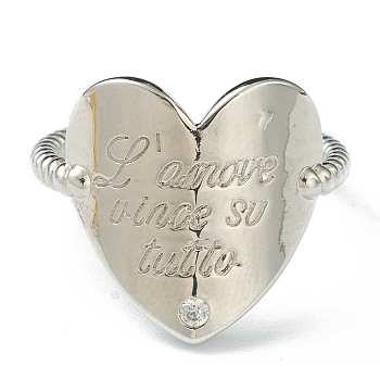 Brass Cubic Zirconia Cuff Rings, Open Rings, Heart, Platinum, Inner Diameter: 17.5mm, Pendant: 17.5x17mm