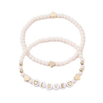 2Pcs 2 Styles Frosted Faceted Glass Beaded Stretch Bracelet Sets, Heart & LOVE Acrylic Stackable Bracelets for Women, Antique White, Inner Diameter: 2-1/8 inch(5.53cm), 1pc/style