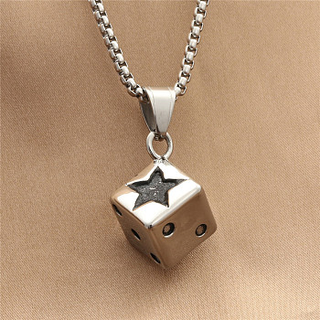 Punk Style 316L Surgical Stainless Steel Star Dice Pendant Necklaces for Men, Non-Tarnish, Stainless Steel Color, 23.62 inch(60cm)