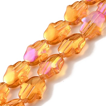 Transparent Electroplate Glass Beads Strands, Half Rainbow Plated, Hamsa Hand, Dark Orange, 17.8x13.5x7.5mm, Hole: 1.3mm, about 40pcs/strand, 27.95 inch(71cm)