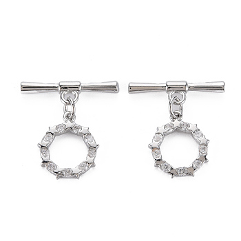 Brass Micro Pave Clear Cubic Zirconia Toggle Clasps, Nickel Free, Ring, Real Platinum Plated, 24mm, Ring: 16x13x2mm, Bar: 22x6x2.5mm, Jump Ring: 5x0.7mm, 3.6mm inner diameter