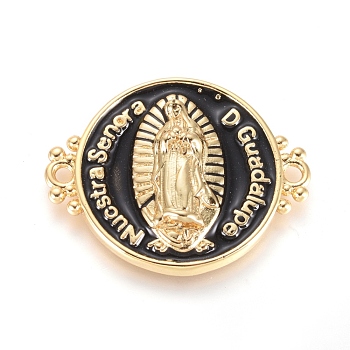 Brass Links connectors, with Enamel, Long-Lasting Plated, Flat Round with Virgin Mary, Golden, Black, 21x26x4mm, Hole: 1.6mm