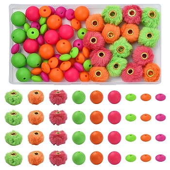 DIY Round Beads Finding Kits, including Imitation Rabbit Hair European Bead and Silicone Beads, Mixed Color, 12~20x6~15mm, Hole: 2~4mm, 60pcs/set