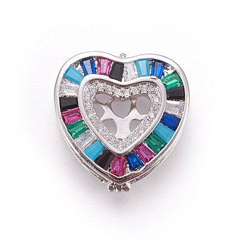 Brass Micro Pave Cubic Zirconia Slide Charms, Heart, Colorful, Platinum, 20x19.5x5mm, Hole: 2x11mm