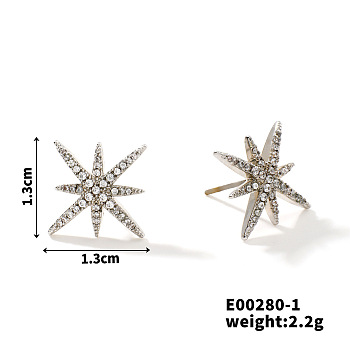 Copper Delicate Eight-pointed Star Stud Earrings with Zircon for Women, Platinum, 13x13mm