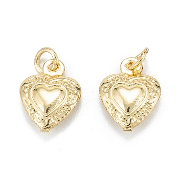 Brass Charms, Long-Lasting Plated, with Jump Ring, Heart, Real 18K Gold Plated, 12x9x3mm, Jump Ring: 4x1mm, 2.5mm Inner Diameter