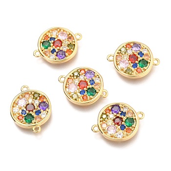 Brass Micro Pave Colorful Cubic Zirconia Pendants, Flat Round, Real 18K Gold Plated, 17x13x2.4mm, Hole: 1.2mm