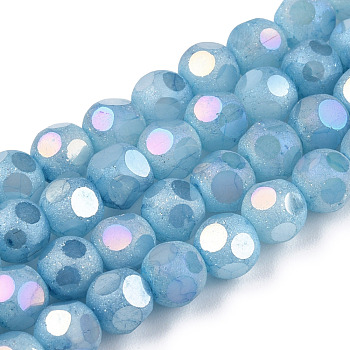 Opaque Frosted Glass Beads Strands, AB Color Plated, Faceted, Round, Sky Blue, 6.5x6mm, Hole: 1.5mm, about 70pcs/strand, 16.38 inch(41.6cm)