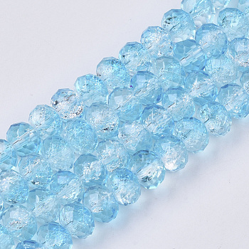 Transparent Crackle Spray Painted Glass Beads Strands, Faceted, Rondelle, Light Sky Blue, 8x6mm, Hole: 1.2mm, about 67~70pcs/strand, 16.34 inch