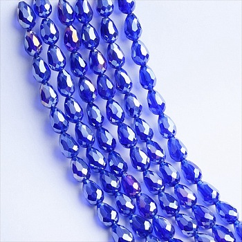 Electroplate Transparent Glass Beads Strands, AB Color Plated, Faceted, Teardrop, Blue, 6x4mm