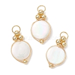 Natural White Shell Pendants, Flat Round Charms with Copper Wire Wrapped, Golden, 24x14x4mm, Jump Ring: 6x0.8mm, Inner Diameter: 5mm(PALLOY-JF04839)