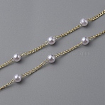 Brass Curb Chains, with Imitation Pearl Beads, Soldered, Round, Golden, 2x1.3x0.2mm, about 32.81 Feet(10m)/Roll(CHC-WH0008-007)