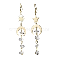 Moon & Sun & Star Brass Asymmetrical Earrings, Natural Quartz Crystal Chips Tassel Earrings, 76~85x18mm(EJEW-JE05461-03)